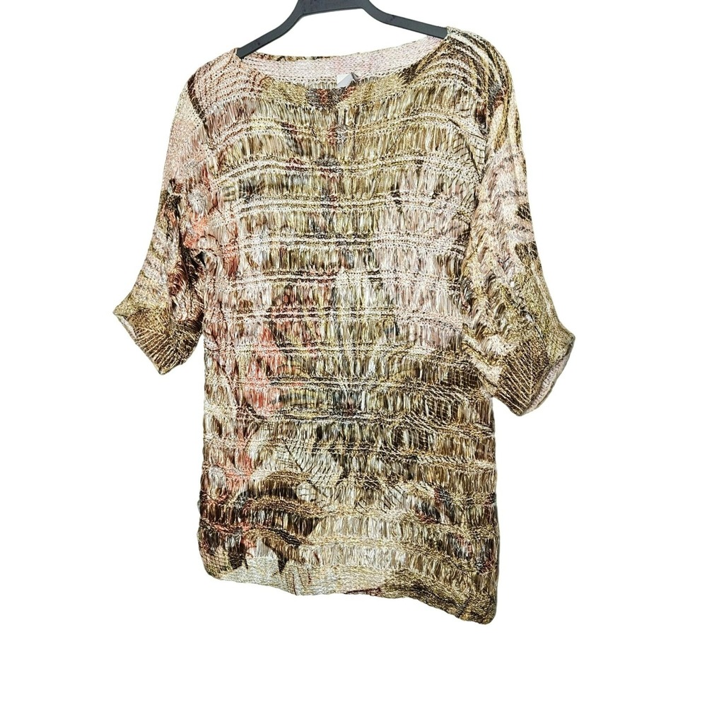 Madeleine Metallic Gold Brown Drop Knit Top Textured Lightweight Blouse Stretchy